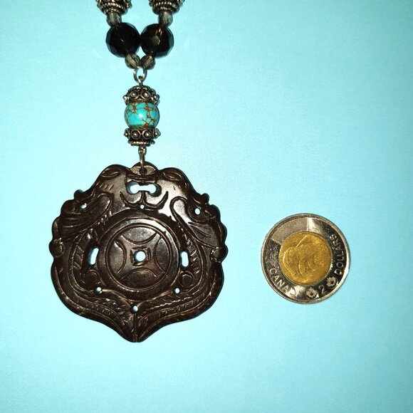 Impressive Vintage 925 Silver Natural Brown Jade Double Phoenix Amulet Necklace - Picture 6 of 12